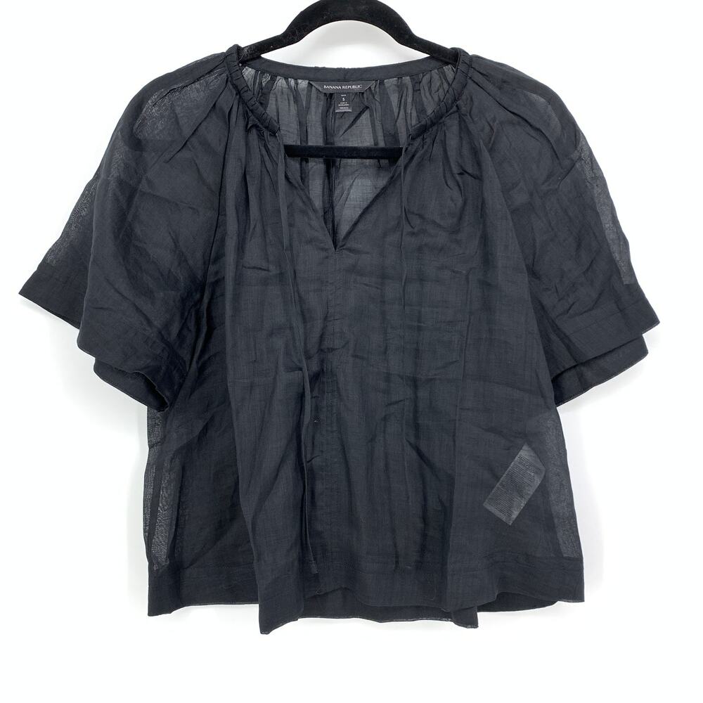 Banana Republic Blouse Womens Size SP Tie Neck Short Sleeve Black Semi Sheer